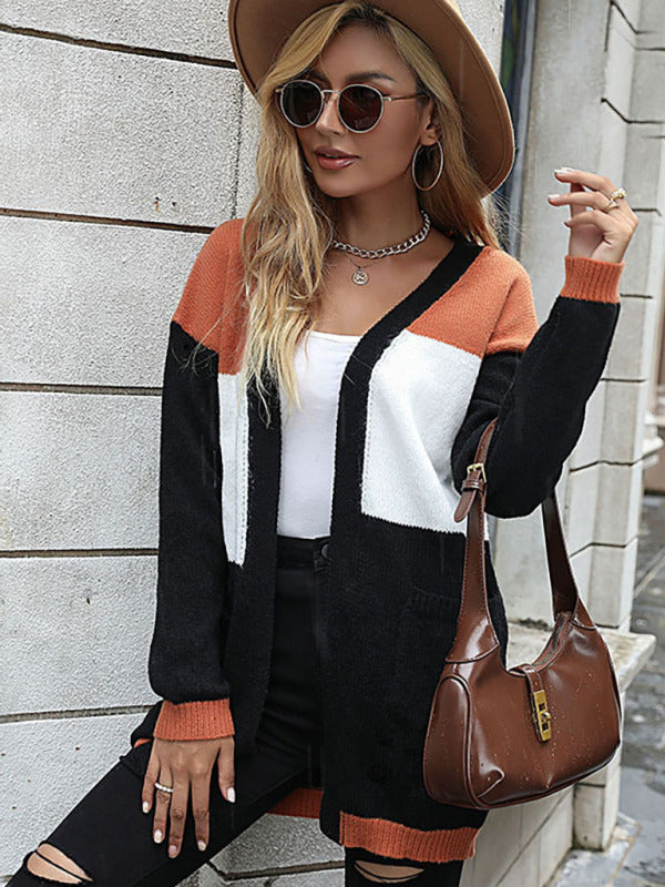 Women’s V Neck Long Sleeve Turbo Colorblocked Cardigan