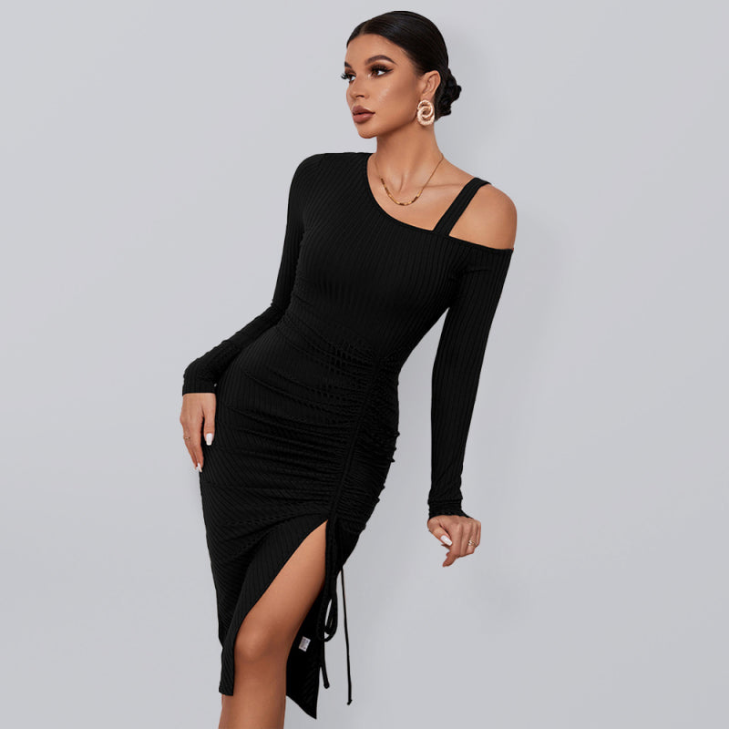 Robe à manches longues pour femmes, épaules dénudées, avec sangle supplémentaire et fente sur la jambe avant sur la cuisse