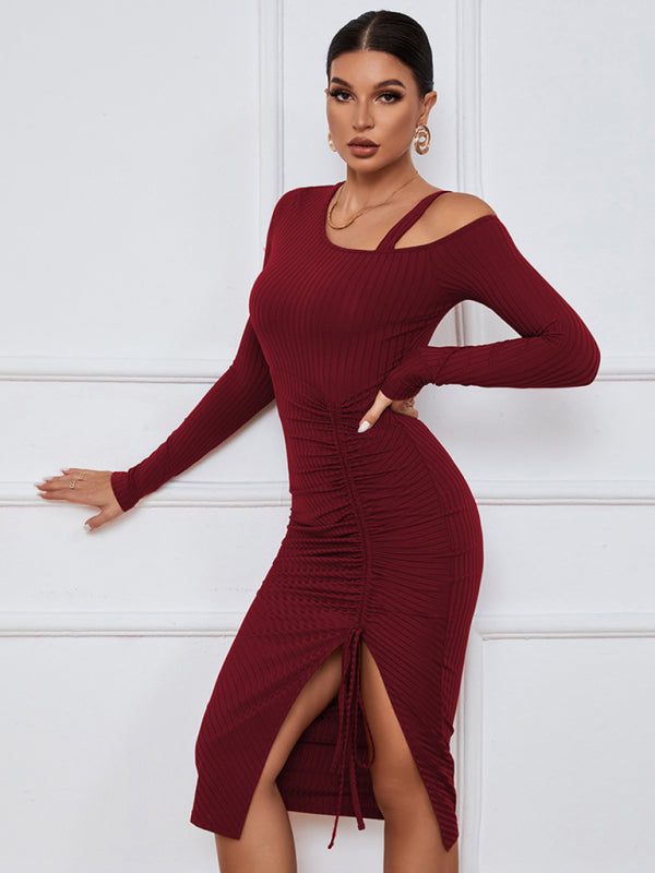 Robe à manches longues pour femmes, épaules dénudées, avec sangle supplémentaire et fente sur la jambe avant sur la cuisse