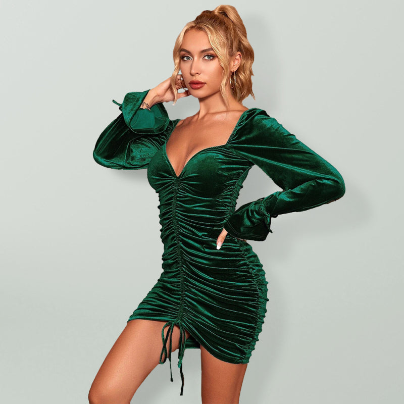Frauen sexy taille und temperament paket hüfte abendessen kleid samt langarm kleid