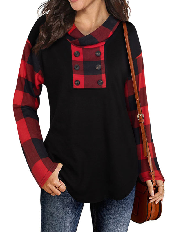 New stitching long-sleeved printed plaid hooded sweater T-shirt for women