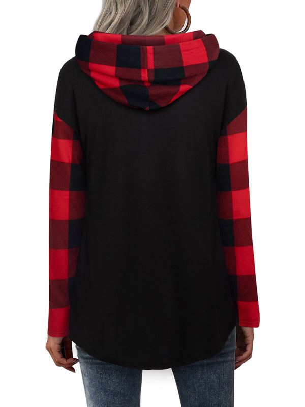 New stitching long-sleeved printed plaid hooded sweater T-shirt for women