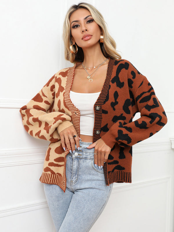 Einreihiger, übergroßer Strickjackenpullover mit Street-Panel-Leopardenmuster