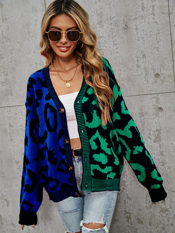 Einreihiger, übergroßer Strickjackenpullover mit Street-Panel-Leopardenmuster