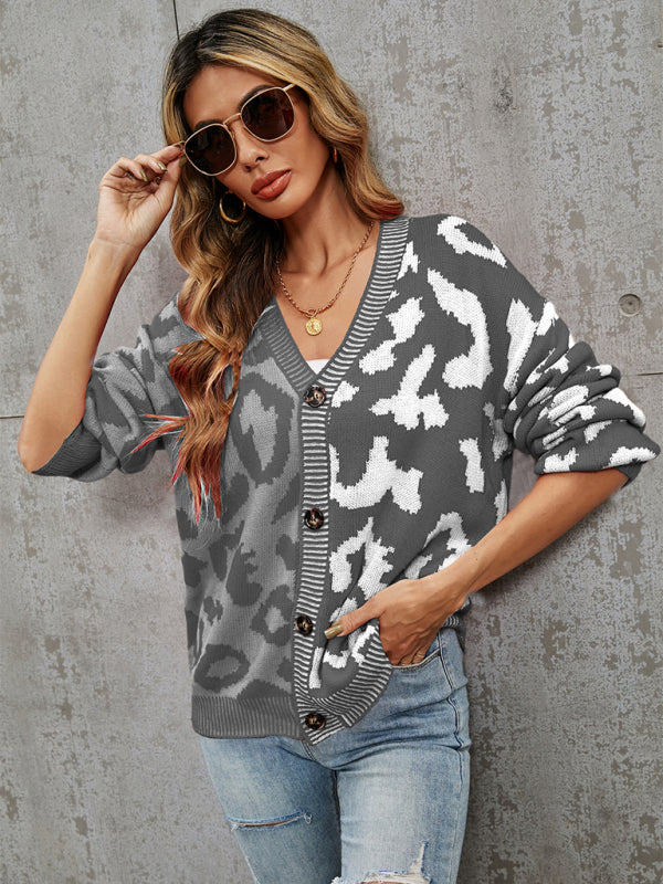 Einreihiger, übergroßer Strickjackenpullover mit Street-Panel-Leopardenmuster