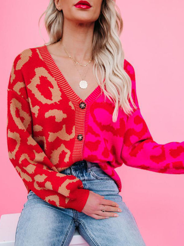 Einreihiger, übergroßer Strickjackenpullover mit Street-Panel-Leopardenmuster