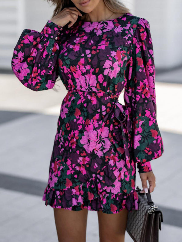 Robe à manches longues imprimée à la mode et sexy, col rond, cravate à la taille