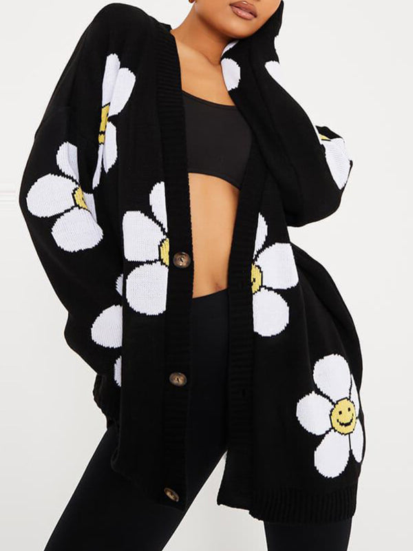 Love Flower mittellange Jacke mit V-Ausschnitt, lockere, lässige Strickjacke