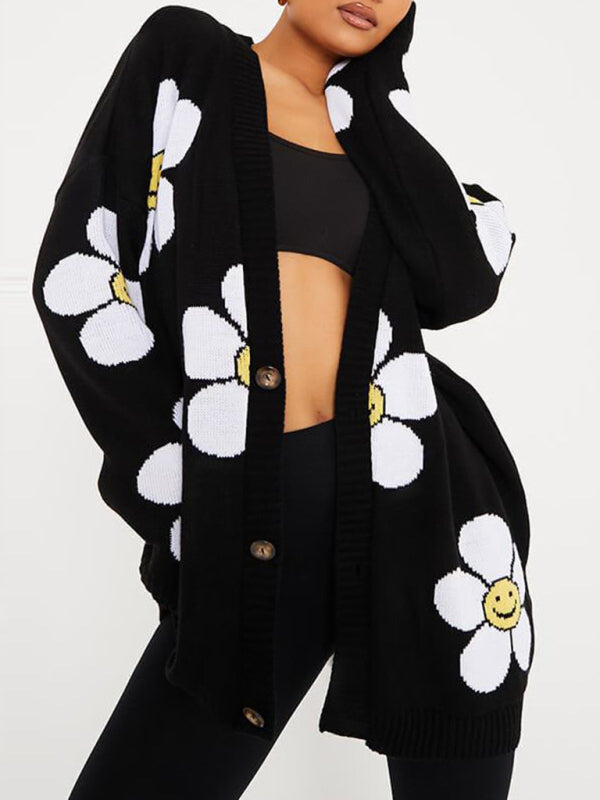 Love Flower mittellange Jacke mit V-Ausschnitt, lockere, lässige Strickjacke