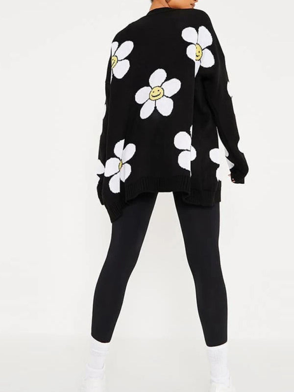 Love Flower mittellange Jacke mit V-Ausschnitt, lockere, lässige Strickjacke