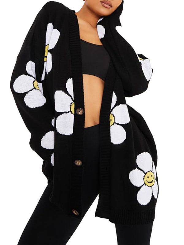 Love Flower mittellange Jacke mit V-Ausschnitt, lockere, lässige Strickjacke