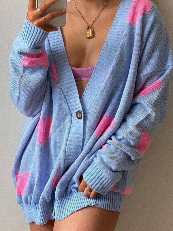 Love Flower mittellange Jacke mit V-Ausschnitt, lockere, lässige Strickjacke