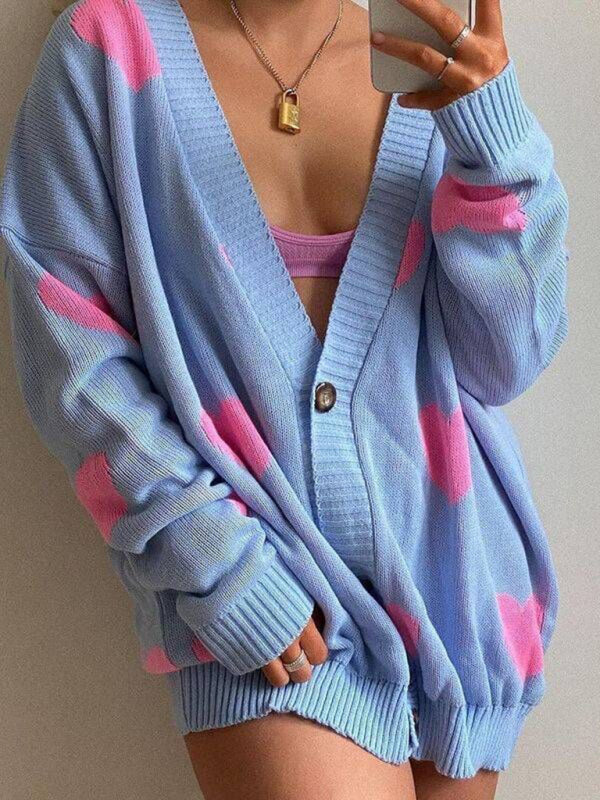Love Flower mittellange Jacke mit V-Ausschnitt, lockere, lässige Strickjacke
