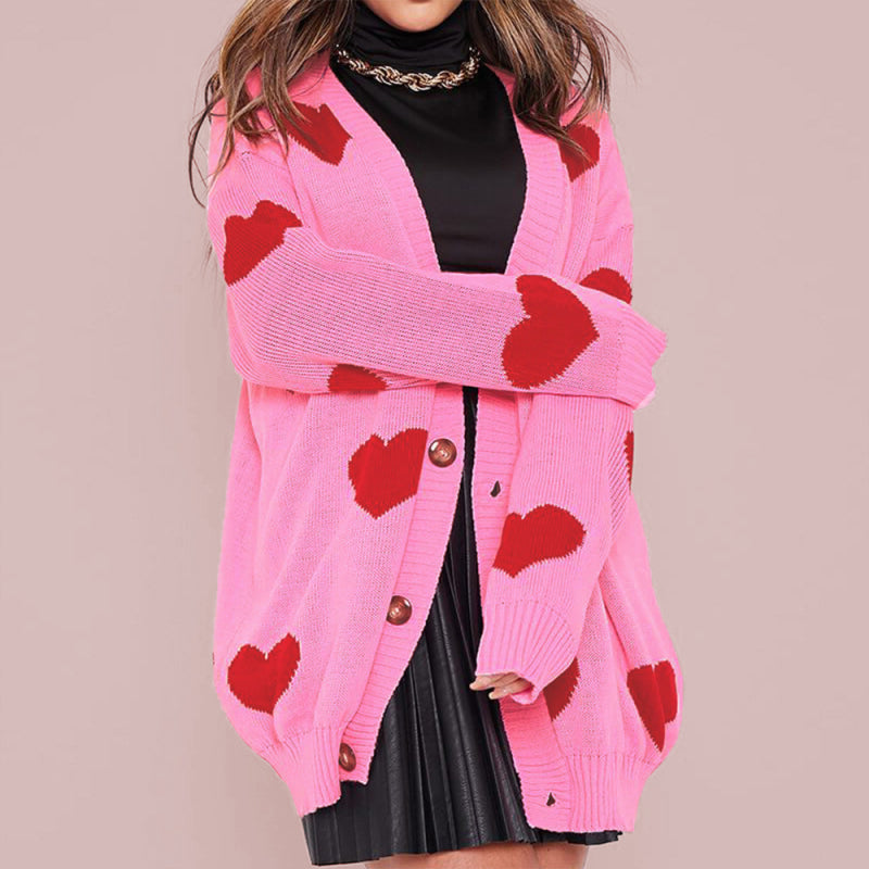 Love Flower mittellange Jacke mit V-Ausschnitt, lockere, lässige Strickjacke