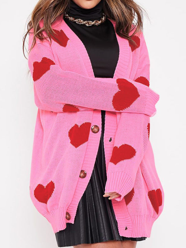 Love Flower mittellange Jacke mit V-Ausschnitt, lockere, lässige Strickjacke