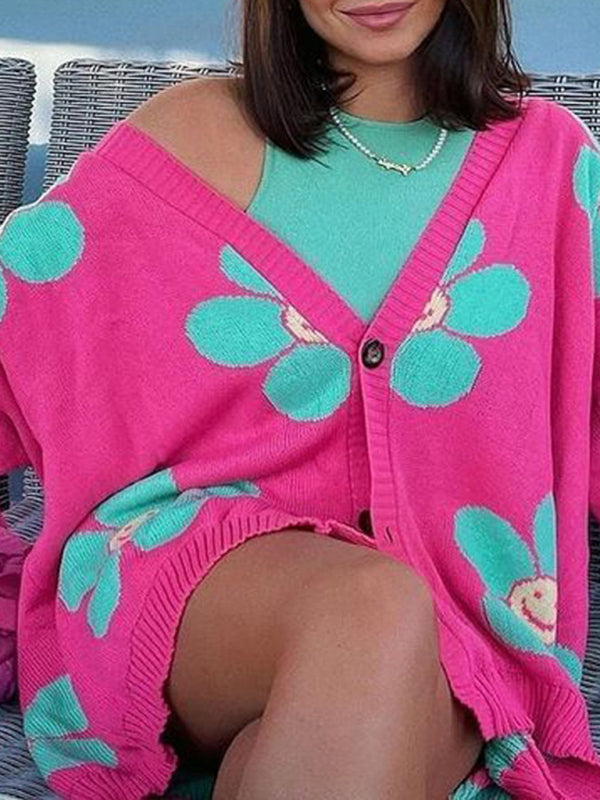 Love Flower mittellange Jacke mit V-Ausschnitt, lockere, lässige Strickjacke
