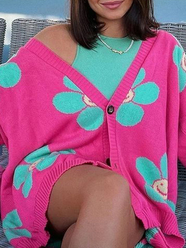 Love Flower mittellange Jacke mit V-Ausschnitt, lockere, lässige Strickjacke