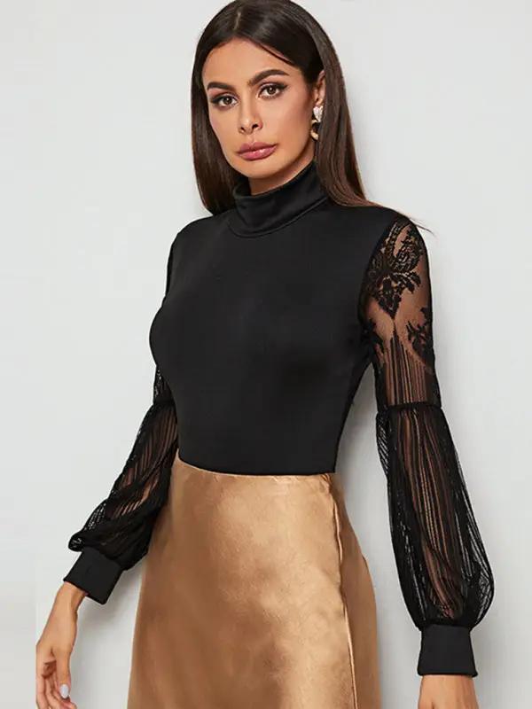 Black lace bodysuit paired with gold skirt