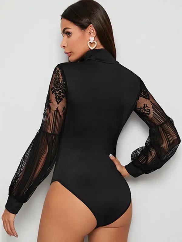 Black lace stitching slim long-sleeved bodysuit back view