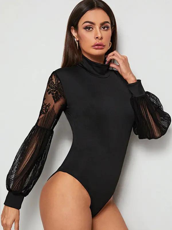 Black lace stitching slim long-sleeved bodysuit side view