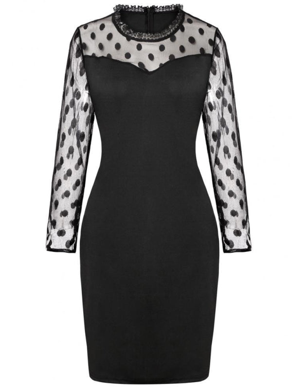 Robe femme en dentelle à manches longues en maille à pois