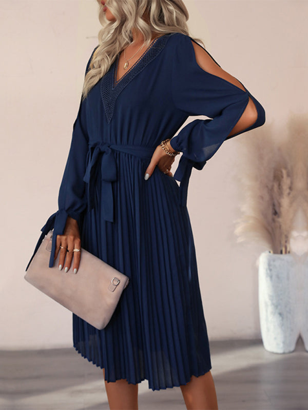Gewebtes, ausgehöhltes Langarmkleid für Damen mit V-Ausschnitt
