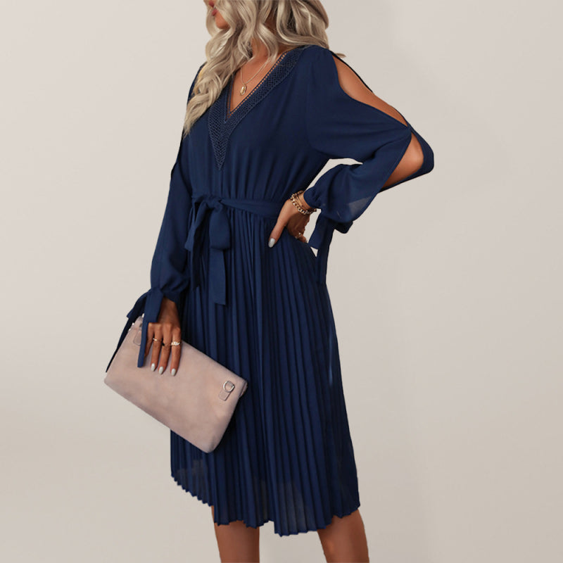 Gewebtes, ausgehöhltes Langarmkleid für Damen mit V-Ausschnitt