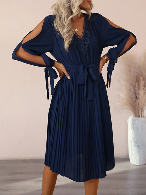 Gewebtes, ausgehöhltes Langarmkleid für Damen mit V-Ausschnitt