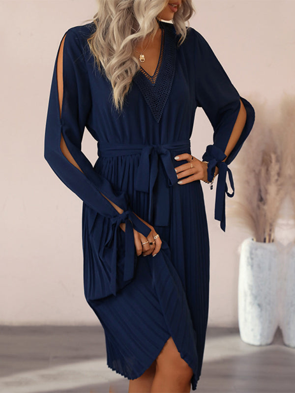 Gewebtes, ausgehöhltes Langarmkleid für Damen mit V-Ausschnitt
