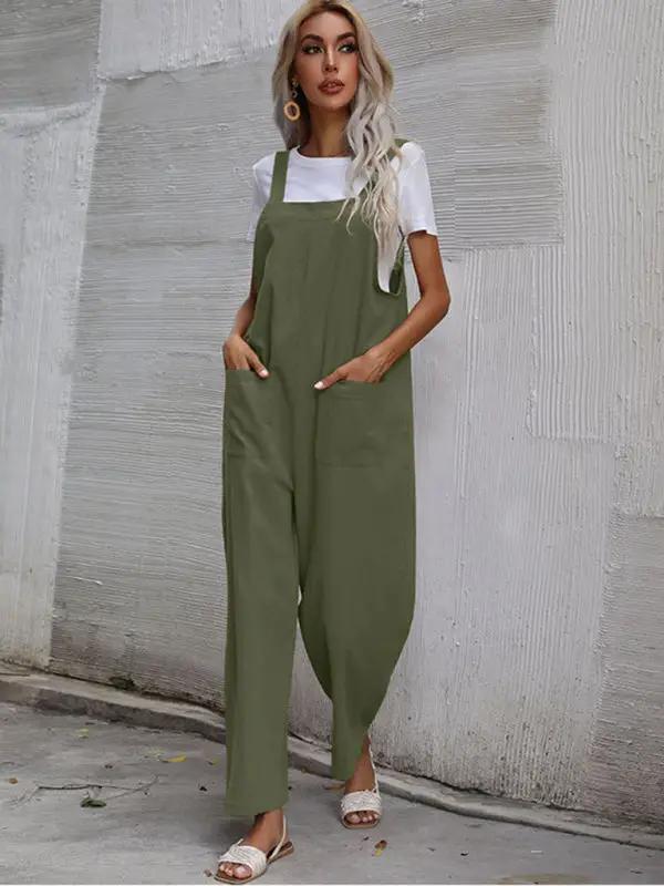 Olive green sleeveless cotton linen overalls for women