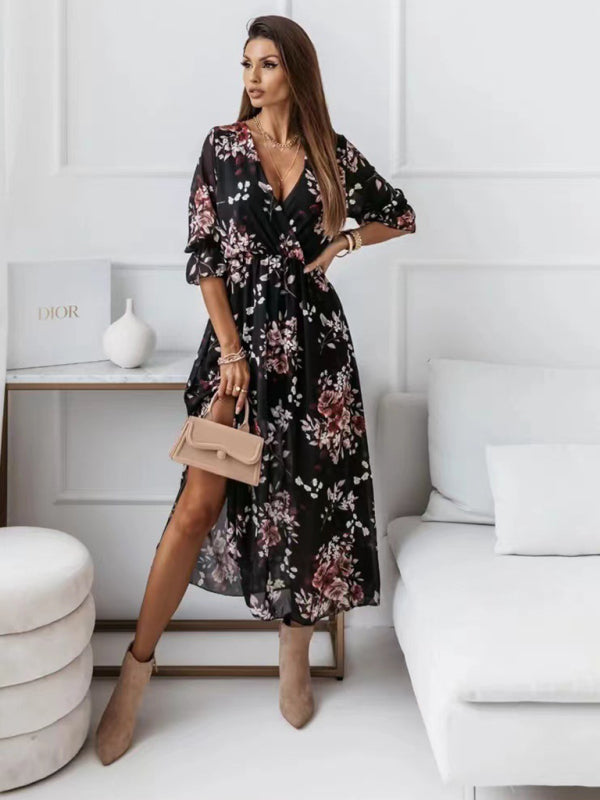 Robe femme imprimée en mousseline à col V