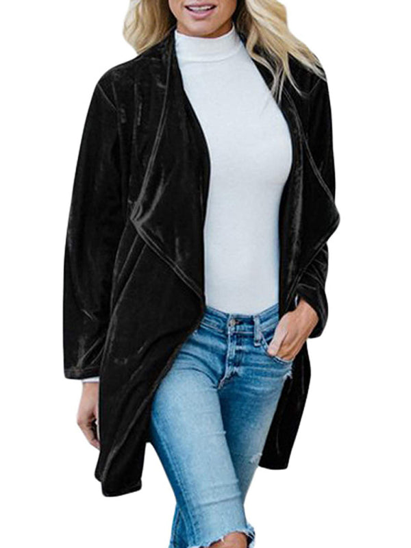 Lässiger mittellanger Trenchcoat aus goldenem Samt für Damen mit großem Revers