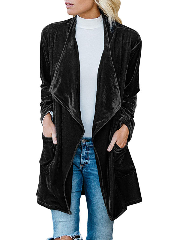 Lässiger mittellanger Trenchcoat aus goldenem Samt für Damen mit großem Revers