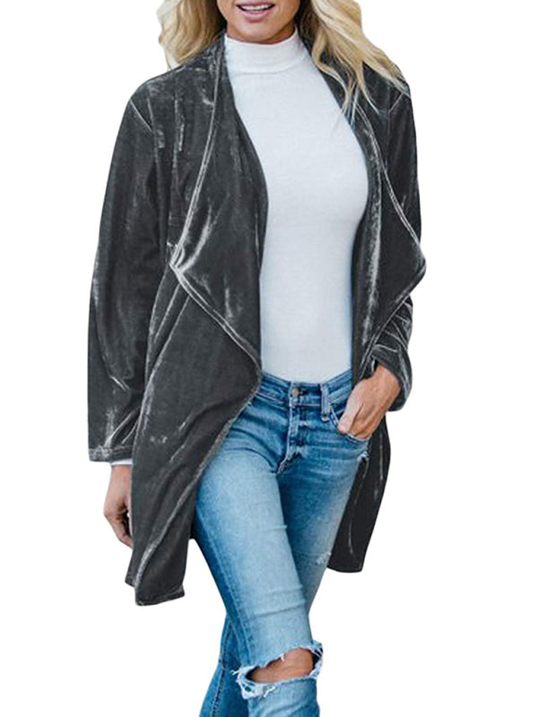 Lässiger mittellanger Trenchcoat aus goldenem Samt für Damen mit großem Revers