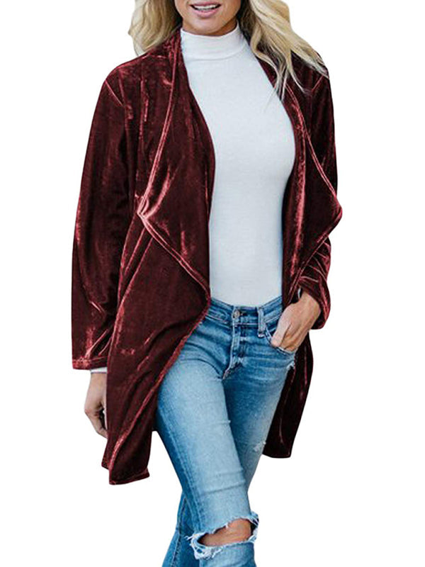 Lässiger mittellanger Trenchcoat aus goldenem Samt für Damen mit großem Revers