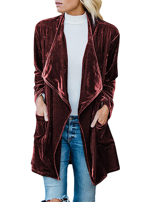 Lässiger mittellanger Trenchcoat aus goldenem Samt für Damen mit großem Revers