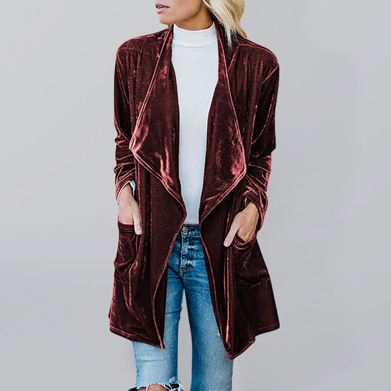 Lässiger mittellanger Trenchcoat aus goldenem Samt für Damen mit großem Revers