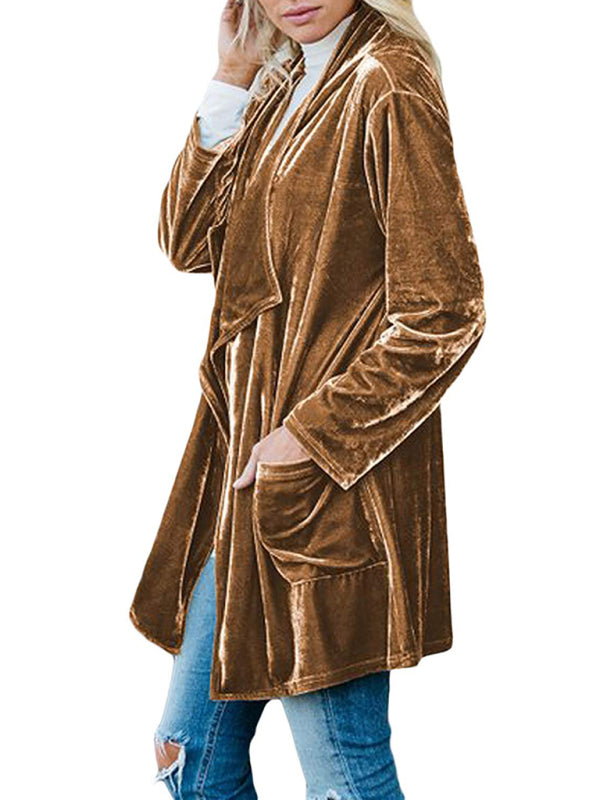 Lässiger mittellanger Trenchcoat aus goldenem Samt für Damen mit großem Revers