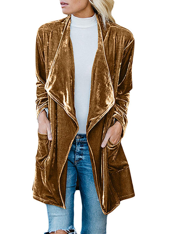 Lässiger mittellanger Trenchcoat aus goldenem Samt für Damen mit großem Revers