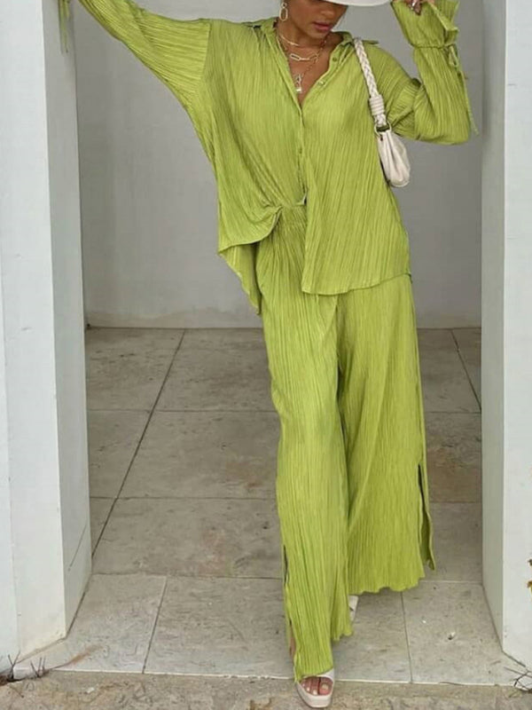 Damen Zweiteiliges Set, einfarbig, gepresst, plissiert, langärmelig, Strickjacke, Hemd, Schlitz, Oberteil und Hose