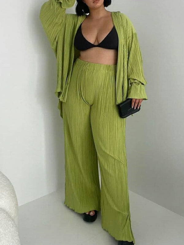 Damen Zweiteiliges Set, einfarbig, gepresst, plissiert, langärmelig, Strickjacke, Hemd, Schlitz, Oberteil und Hose