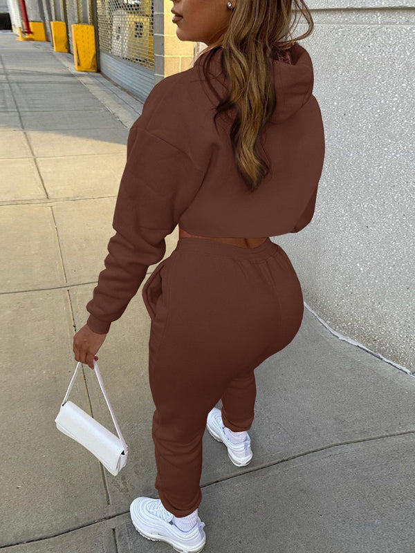 Damen Kordelzug Einfarbig Kapuzenpullover Langarm Kordelzug Hose Weste Dreiteiliger Anzug