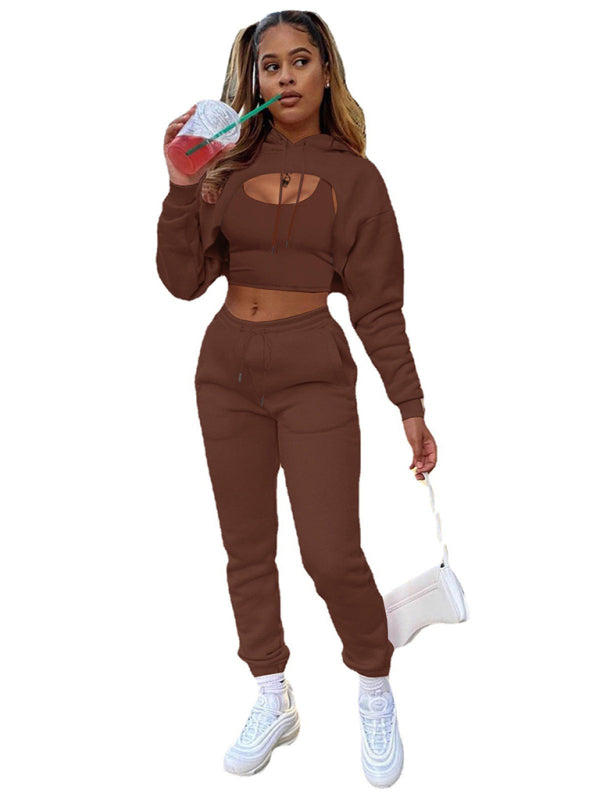 Damen Kordelzug Einfarbig Kapuzenpullover Langarm Kordelzug Hose Weste Dreiteiliger Anzug