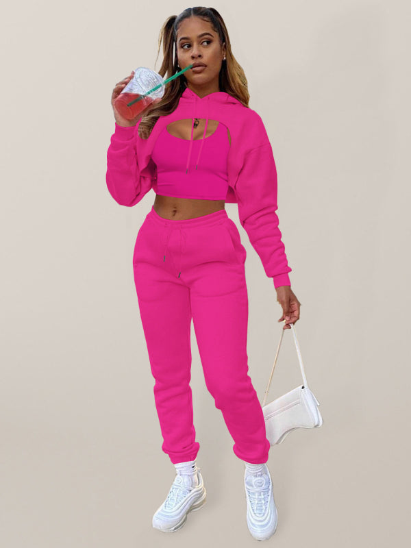 Damen Kordelzug Einfarbig Kapuzenpullover Langarm Kordelzug Hose Weste Dreiteiliger Anzug