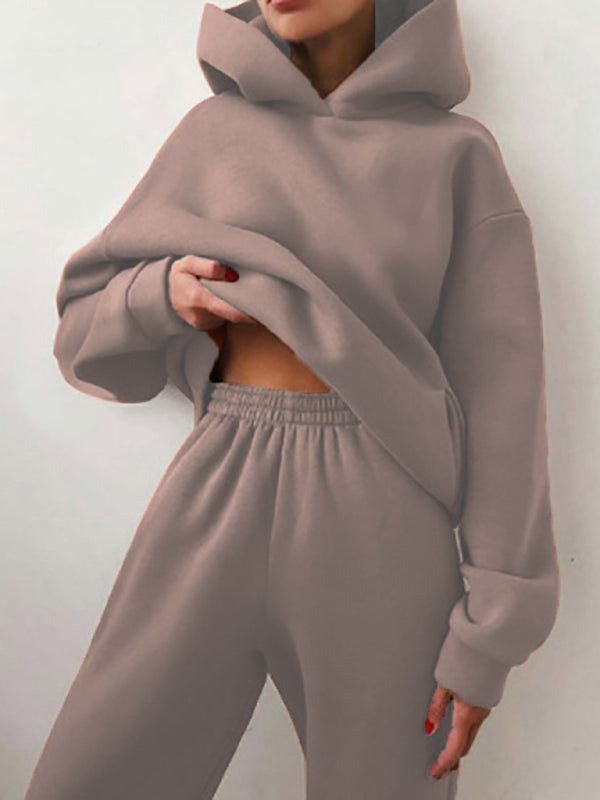 Damen einfarbig lässige Mode Hose verdickt langärmeligen Kapuzen-Set
