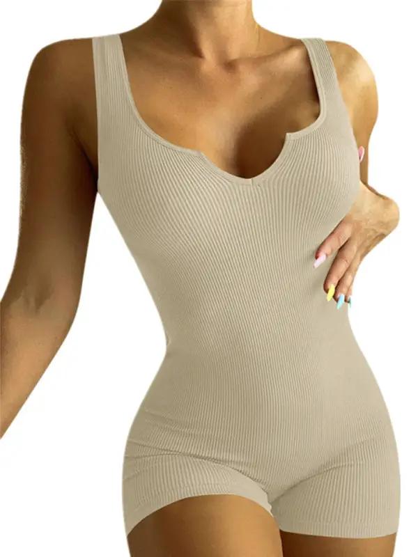 Black knit rib V-neck tank top slim fit jumpsuit