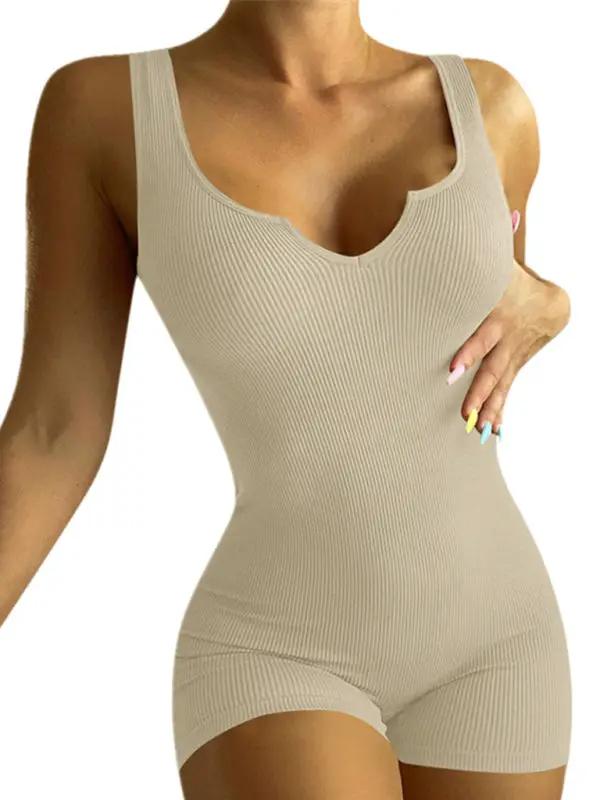 White knit rib V-neck tank top slim fit jumpsuit