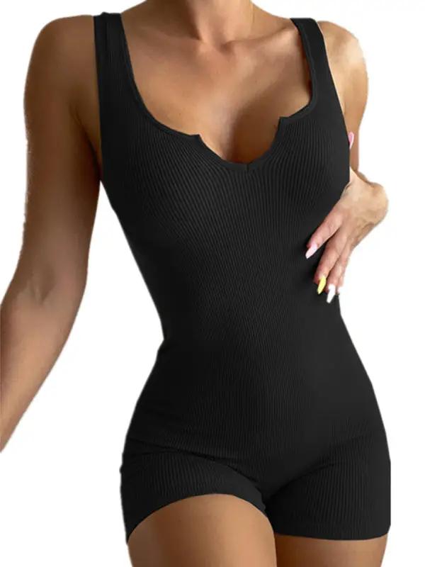 Solid Color Casual Knit Rib V-Neck Tank Top Slim Fit Jumpsuit