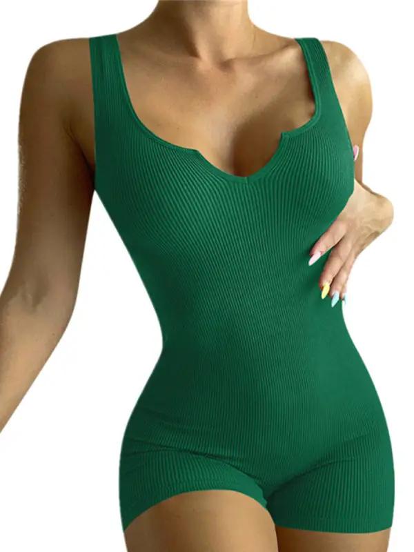 Solid Color Casual Knit Rib V-Neck Tank Top Slim Fit Jumpsuit
