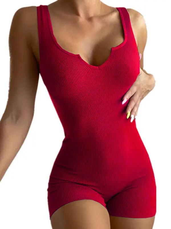 Solid Color Casual Knit Rib V-Neck Tank Top Slim Fit Jumpsuit